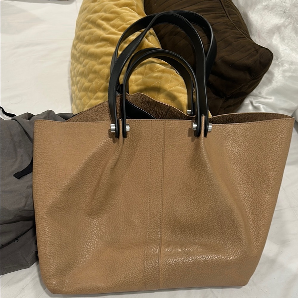 All Saints Tan Leather Tote with Black Handles